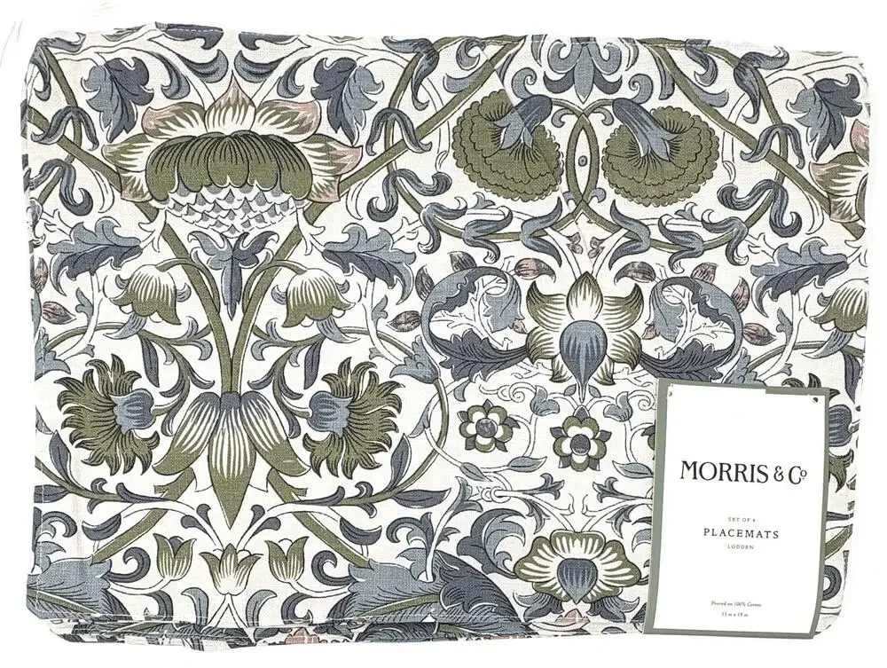 William Morris & Co Placemats Lodden 100% Cotton Fabric 13x19 Set 4 Green Blue